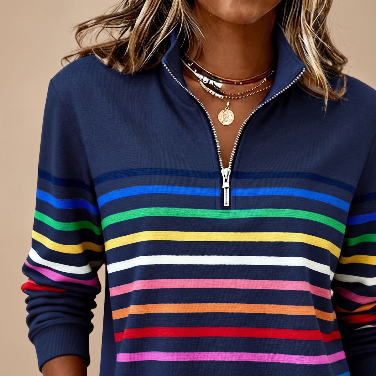 Women's Striped Quarter-Zip Pullover Sweater Stand Collar