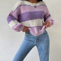 Women's Striped Relaxed-Fit Crew-Neck Knit Pullover Sweater - Purple