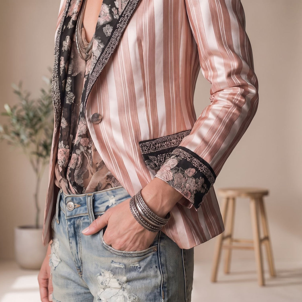 Women's Striped Satin Open-Front Blazer Floral Contrast Lapel
