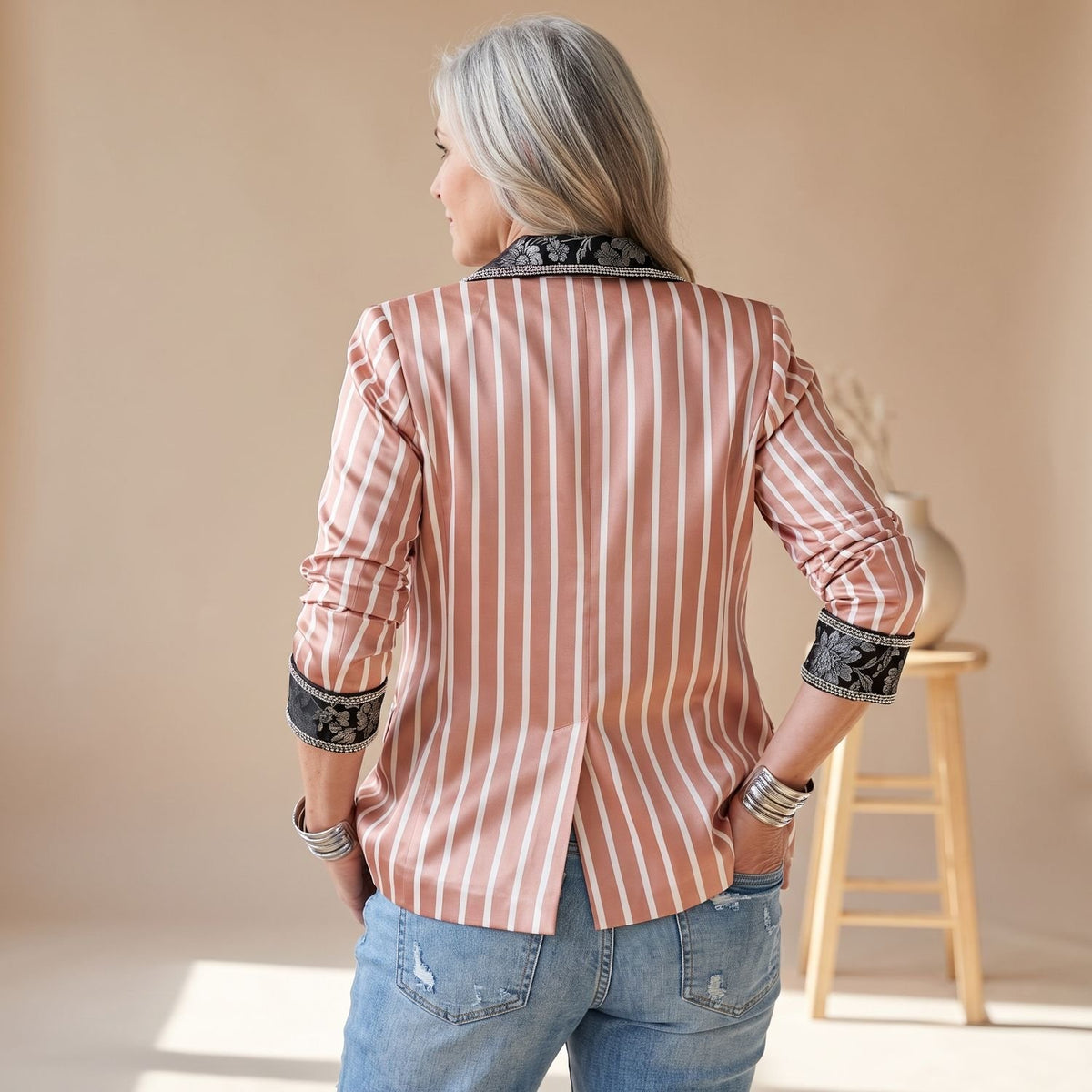 Women's Striped Satin Open-Front Blazer Floral Contrast Lapel