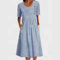 Women's Striped Short-Sleeve A-Line Midi Dress Pockets - Blue