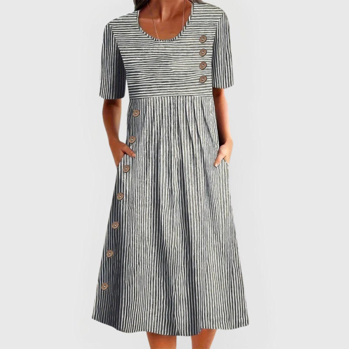 Women's Striped Short-Sleeve A-Line Midi Dress Pockets - Gray