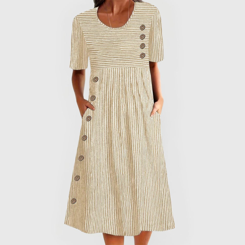 Women's Striped Short-Sleeve A-Line Midi Dress Pockets - Beige