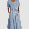 Women's Striped Short-Sleeve Button-Trim A-Line Occasion Dress - Blue