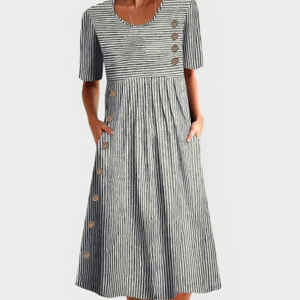 Women's Striped Short-Sleeve Button-Trim A-Line Occasion Dress - Gray