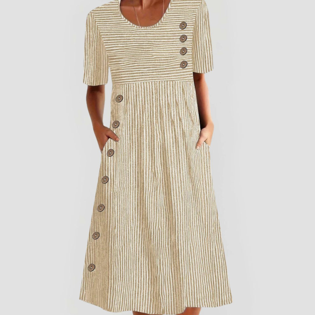 Women's Striped Short-Sleeve Button-Trim A-Line Occasion Dress - Beige