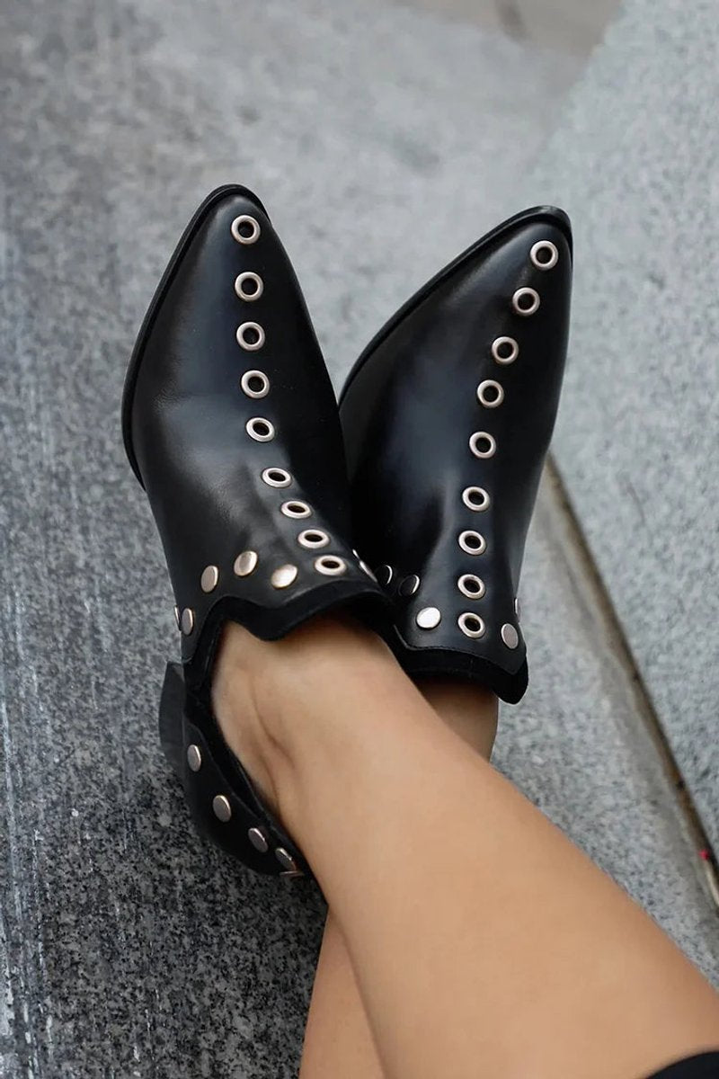 Women's Studded Block-Heel Pointed-Toe Black Ankle Boots