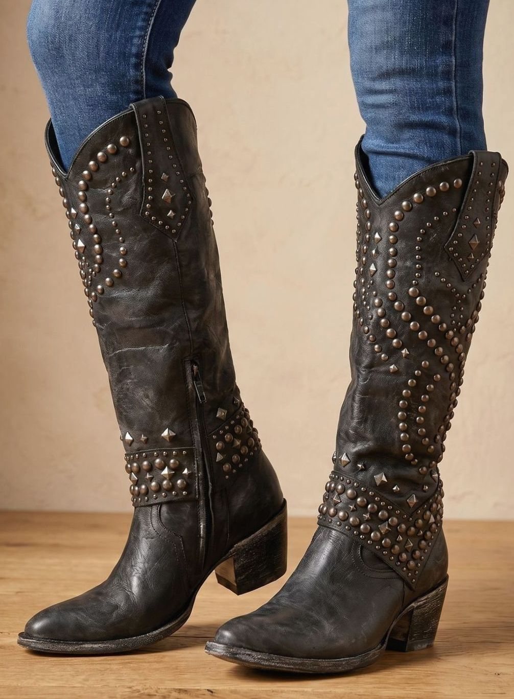 Women's Studded Pointed-Toe Knee High Cowboy Boots - Black