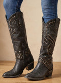 Women's Studded Pointed-Toe Knee High Cowboy Boots - Black
