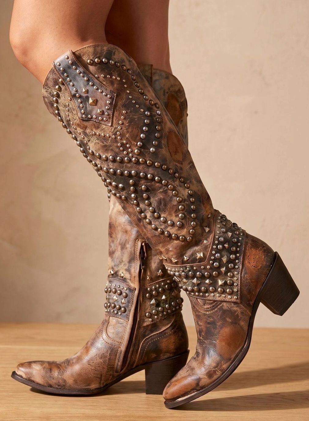 Women's Studded Pointed-Toe Knee High Cowboy Boots - Brown