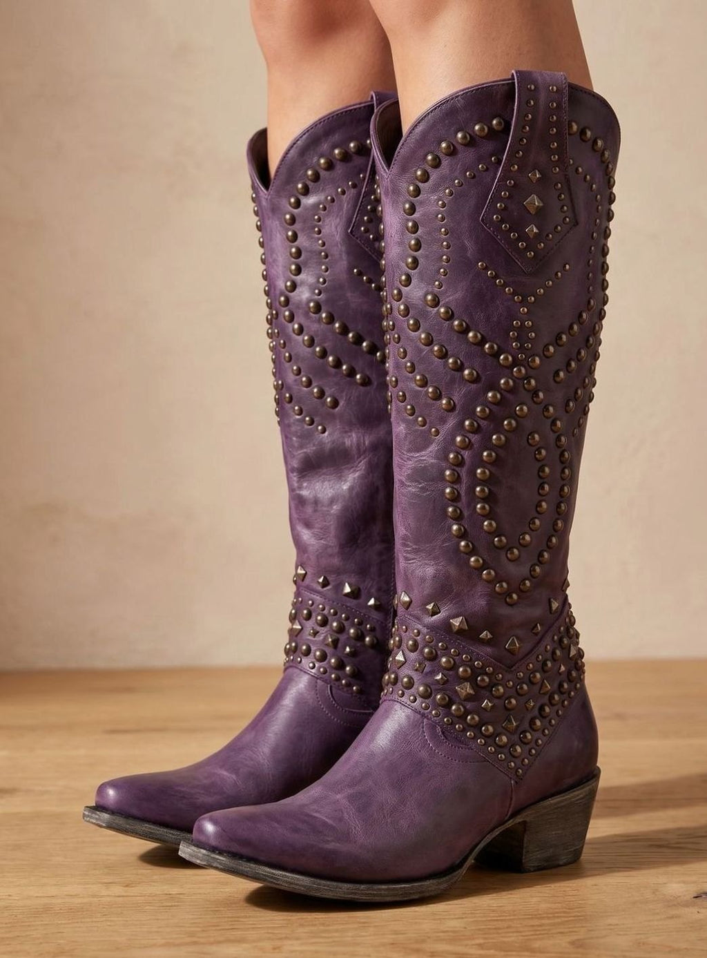 Women's Studded Pointed-Toe Knee High Cowboy Boots - Purple