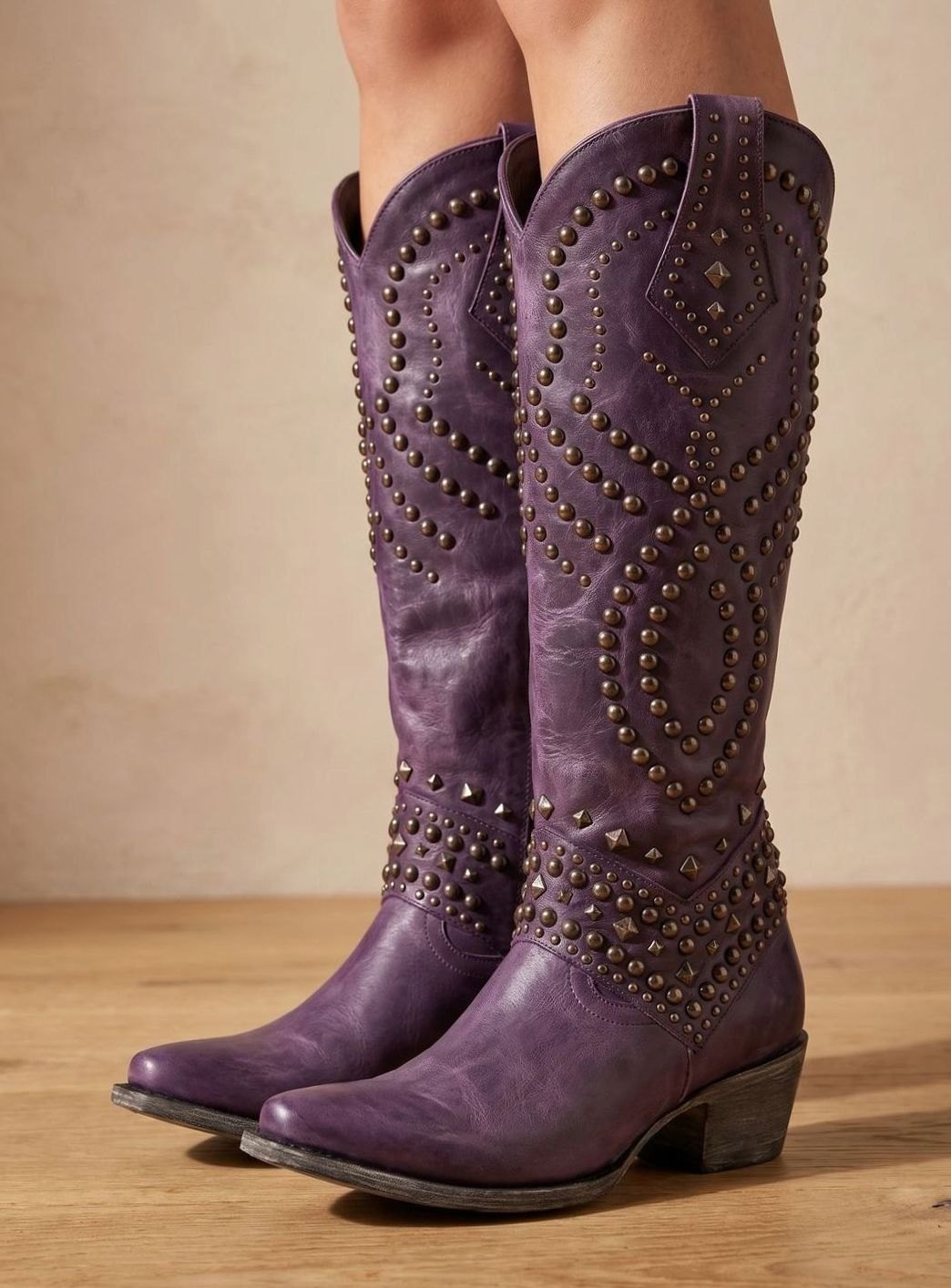 Women's Studded Pointed-Toe Knee High Cowboy Boots - Purple