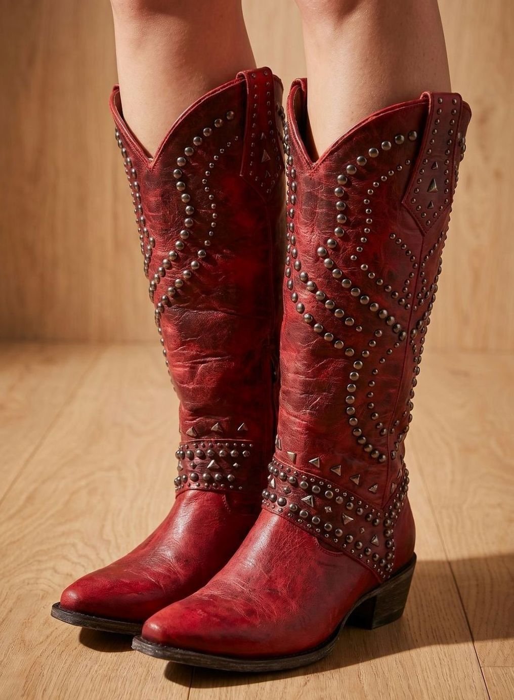 Women's Studded Pointed-Toe Knee High Cowboy Boots - Red