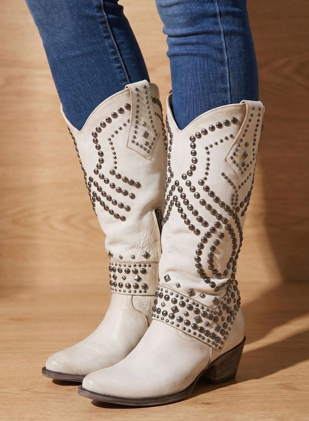 Women's Studded Pointed-Toe Knee High Cowboy Boots - White