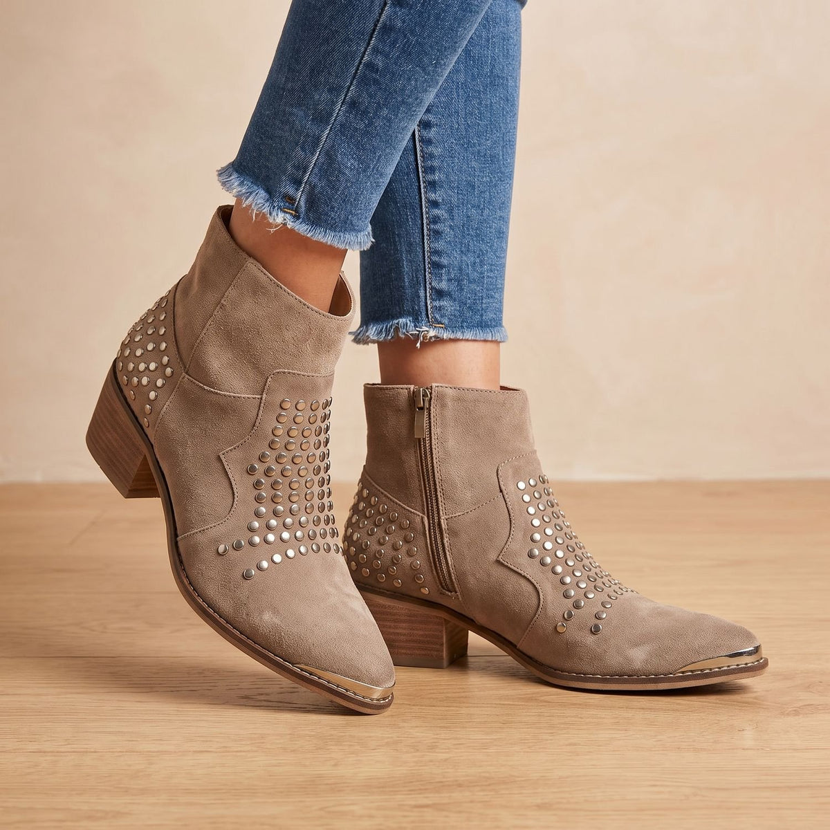 Women's Studded Suede Pointed-Toe Block-Heel Ankle Boots