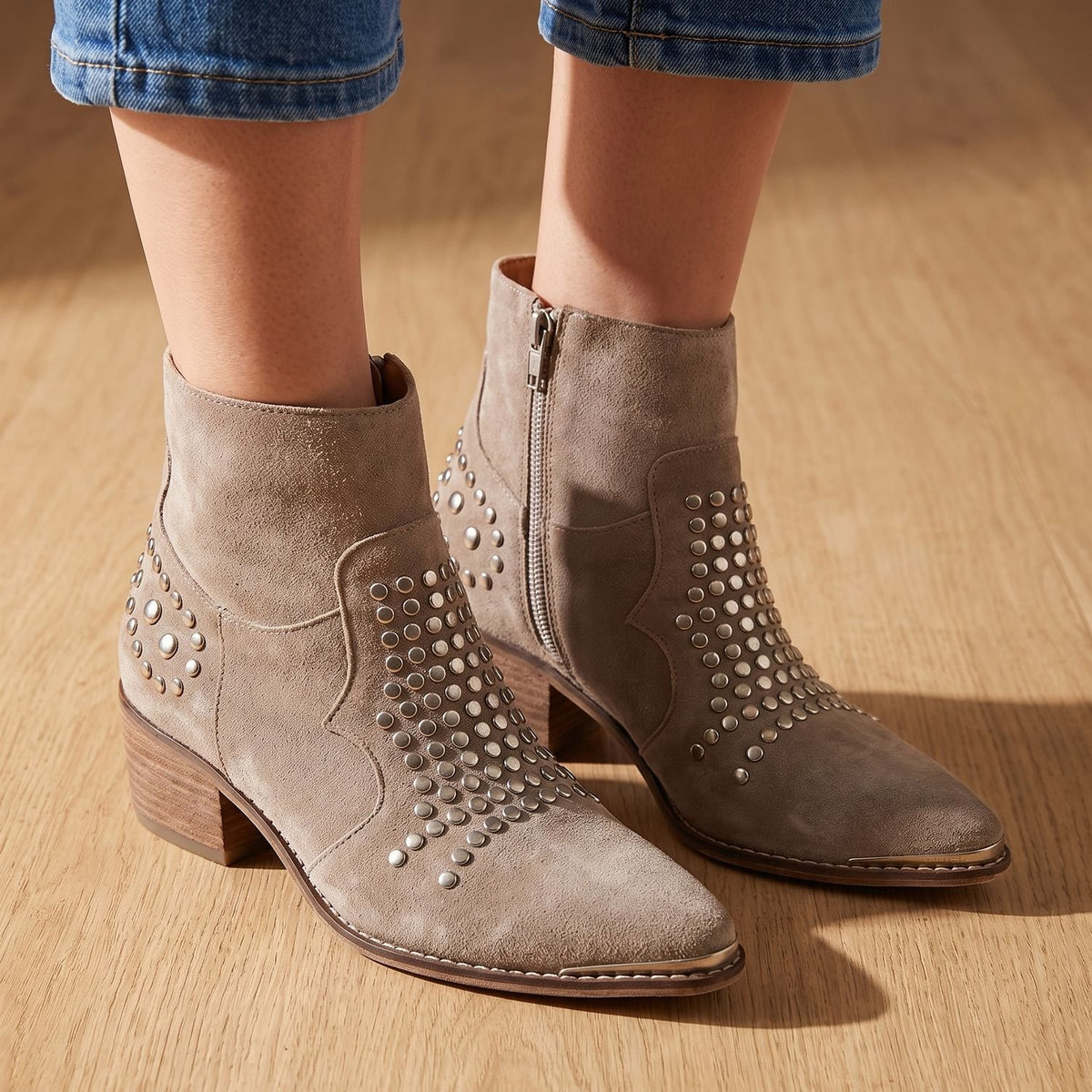 Women's Studded Suede Pointed-Toe Block-Heel Ankle Boots