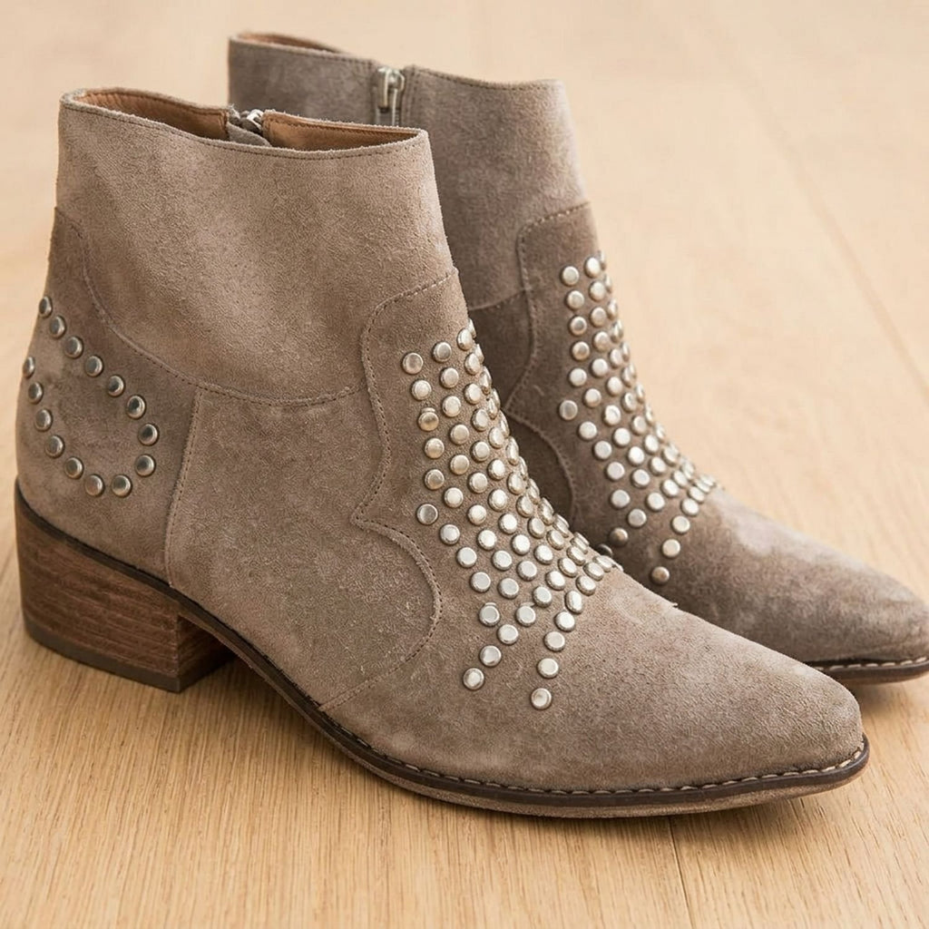 Women's Studded Suede Pointed-Toe Block-Heel Ankle Boots