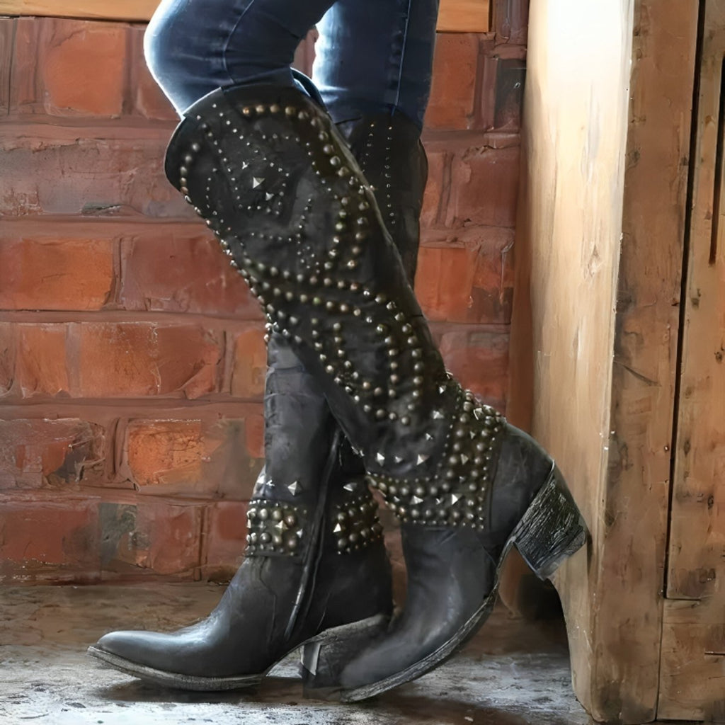 Women's Studded Western Cowgirl Knee High Boots Block Heel - Black