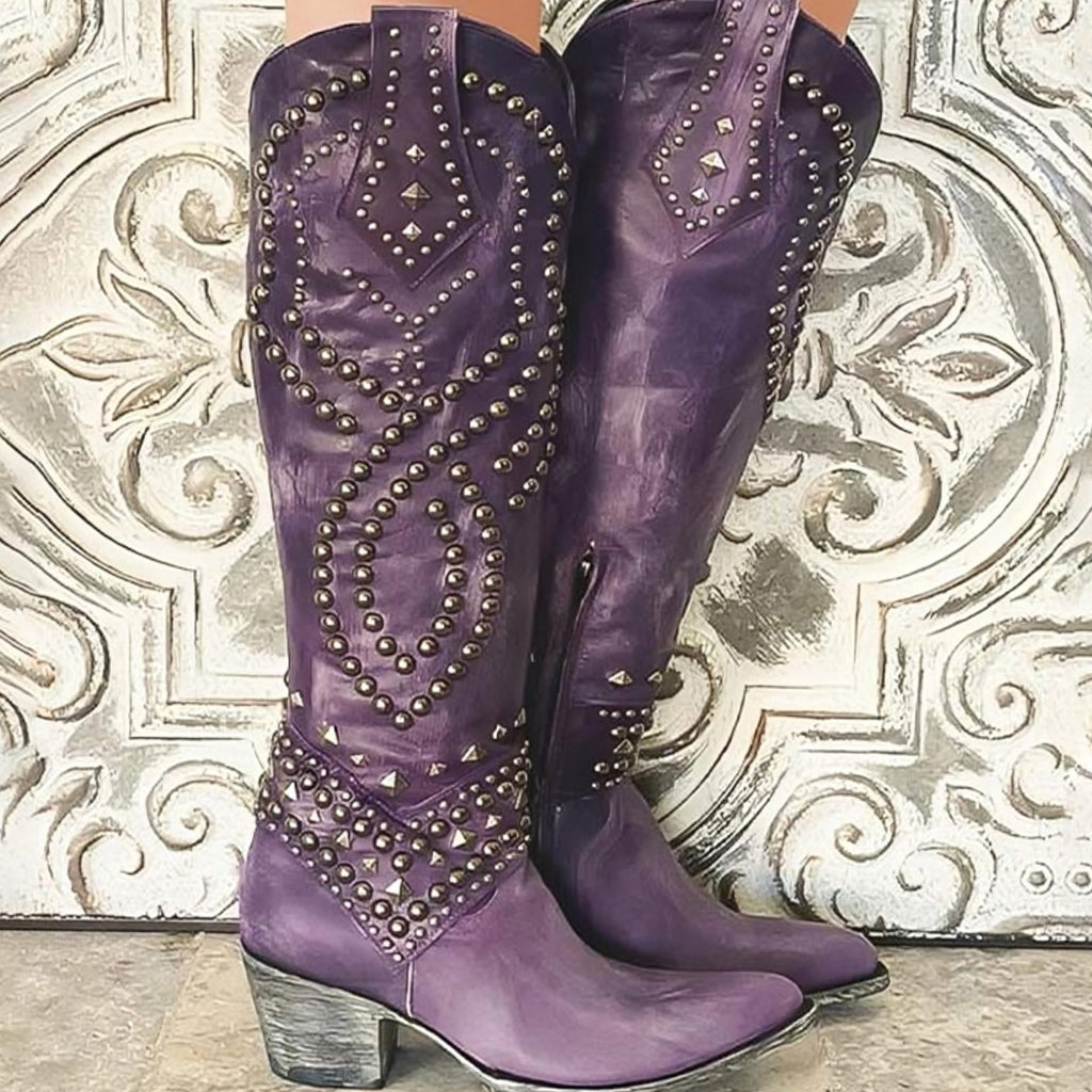 Women's Studded Western Knee High Boots Block Heel Pointed Toe - Purple