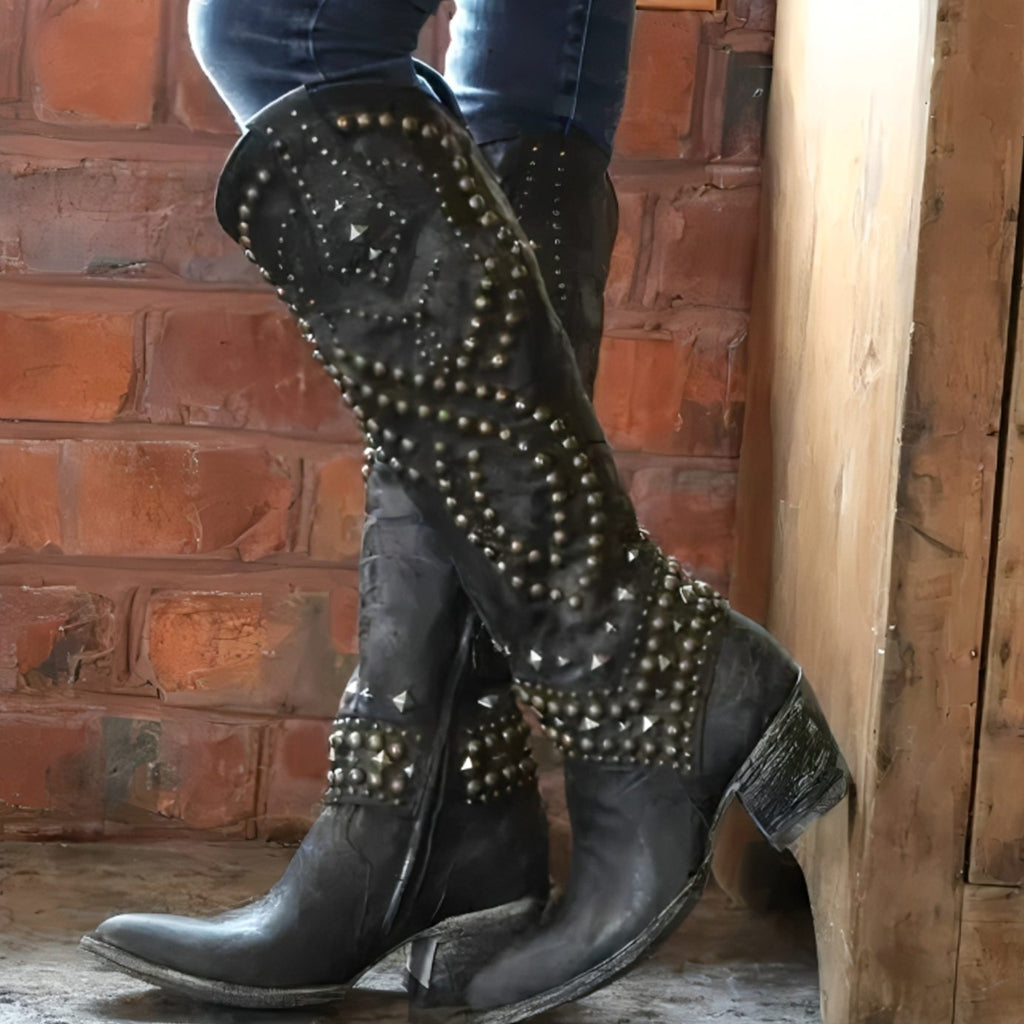 Women's Studded Western Knee High Boots Block Heel Pointed Toe - Black