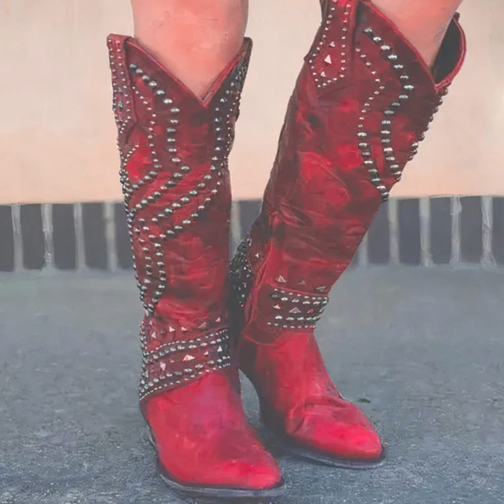 Women's Studded Western Knee High Boots Block Heel Pointed Toe - Red