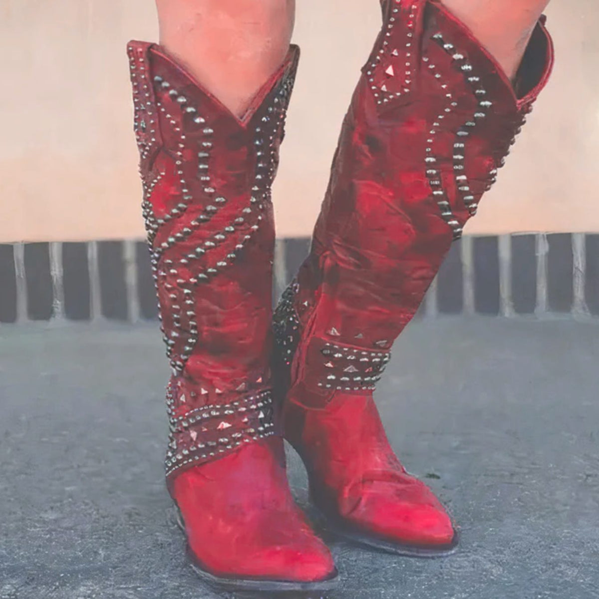 Women's Studded Western Knee High Boots Block Heel Pointed Toe - Red