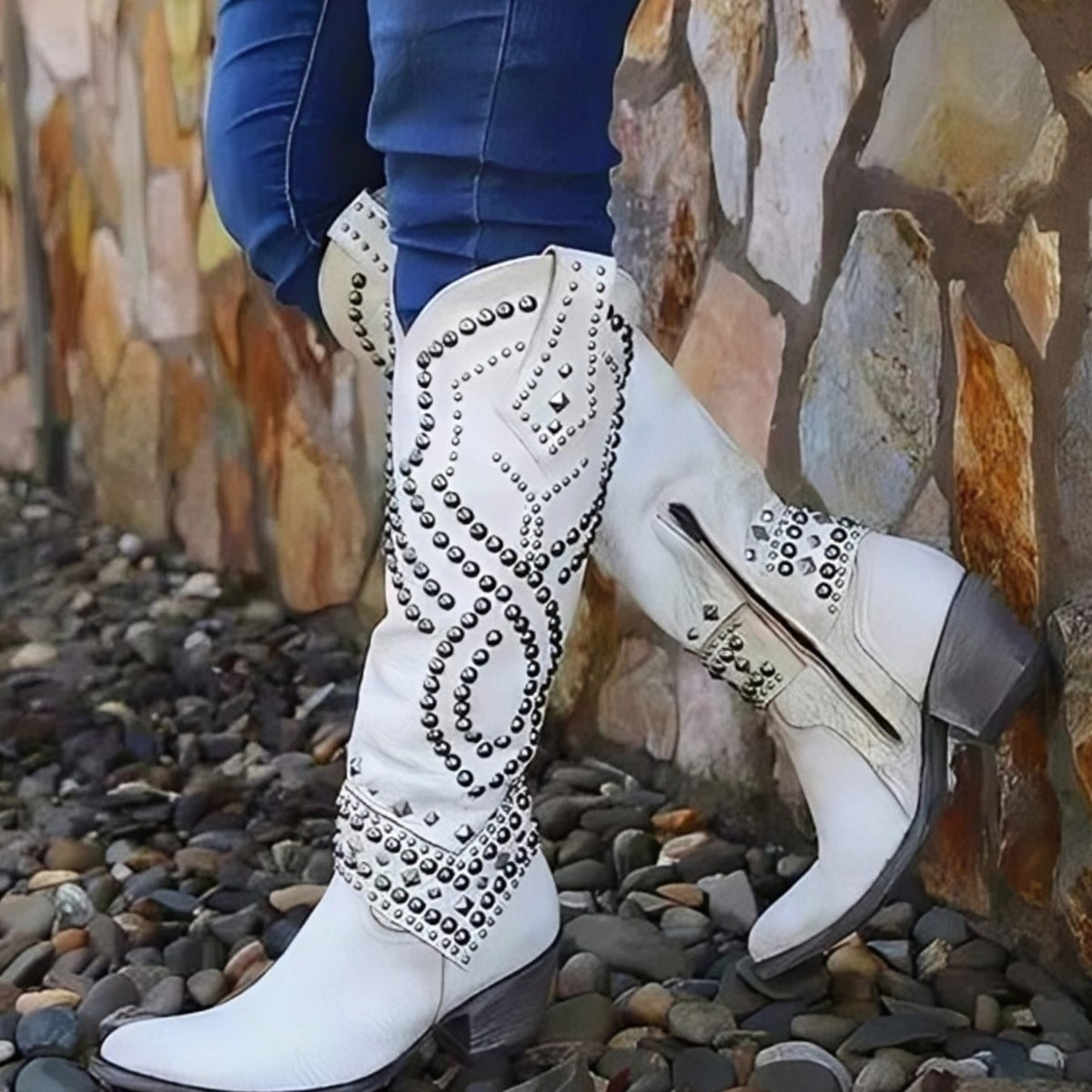 Women's Studded Western Knee High Boots Block Heel Pointed Toe - White