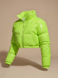 Women's Stylish Cropped Glossy Zip-Up Puffer Jacket - Neon Green