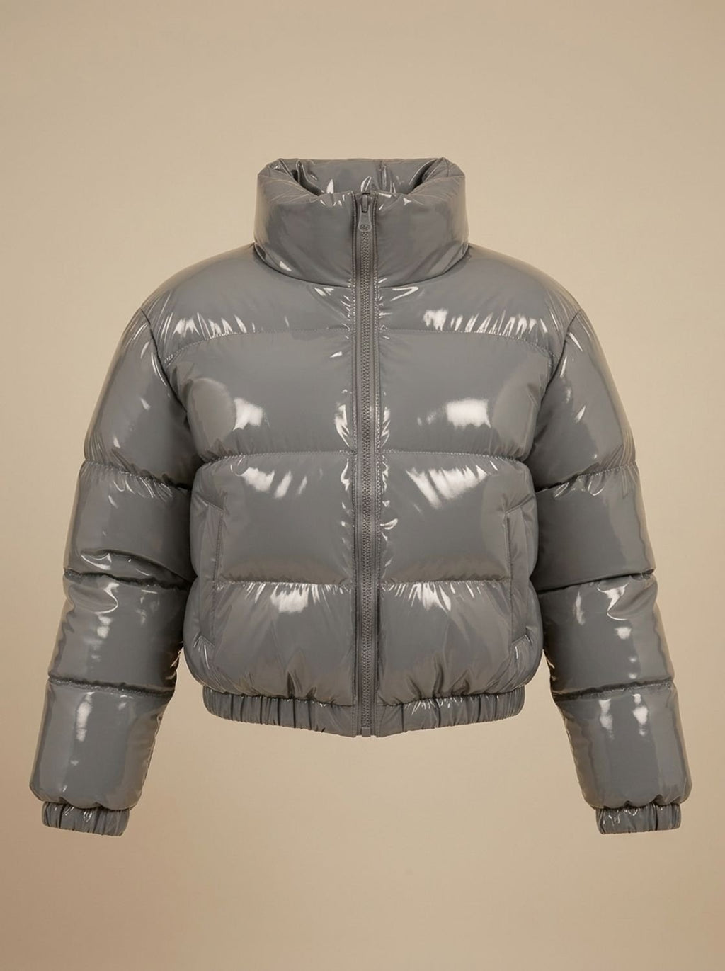 Women's Stylish Cropped Glossy Zip-Up Puffer Jacket - Grey