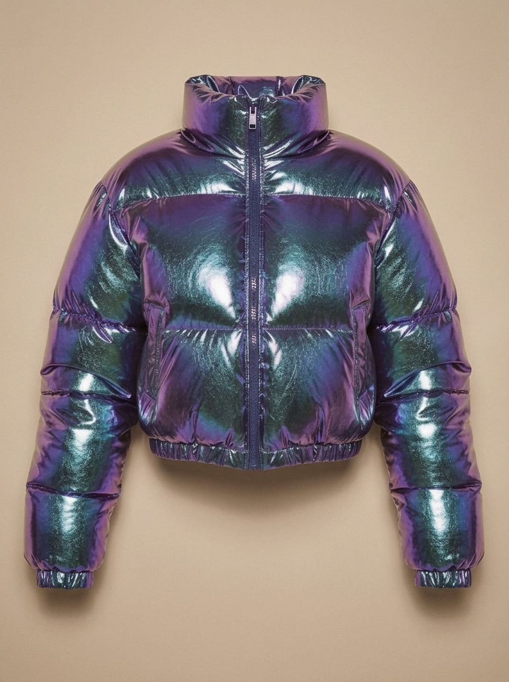 Women's Stylish Cropped Glossy Zip-Up Puffer Jacket - Metallic
