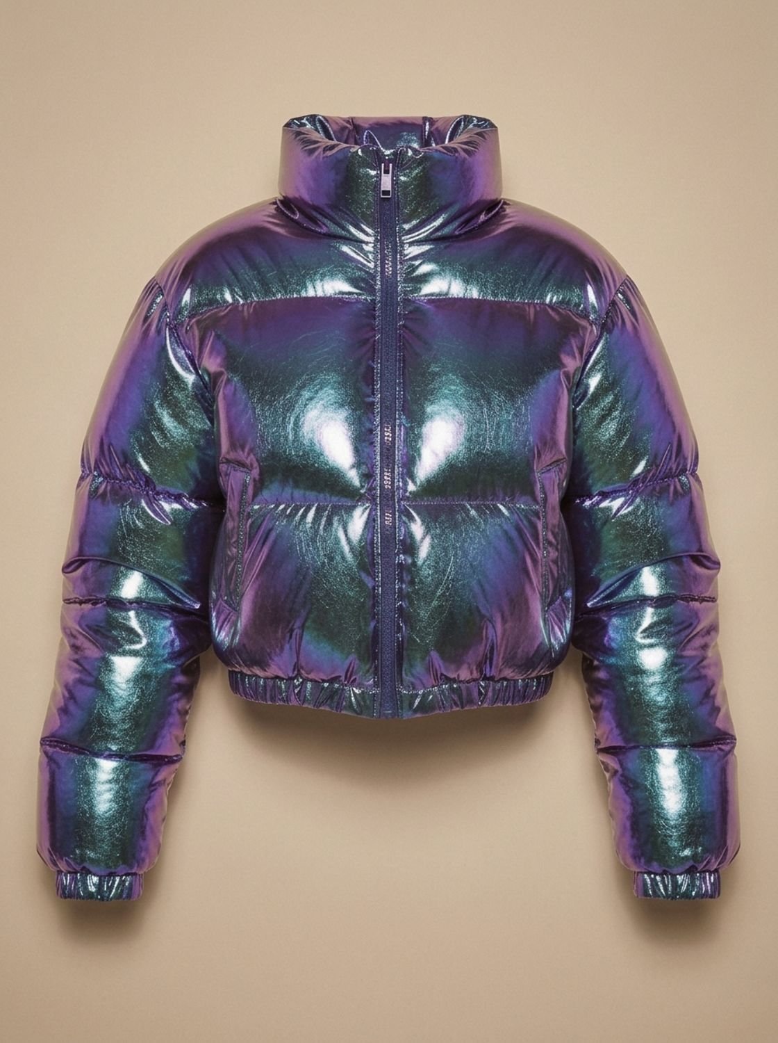 Women's Stylish Cropped Glossy Zip-Up Puffer Jacket - Metallic