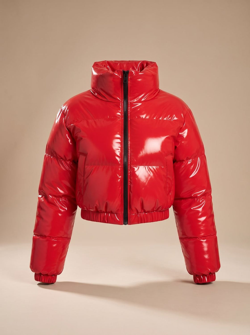 Women's Stylish Cropped Glossy Zip-Up Puffer Jacket - Red