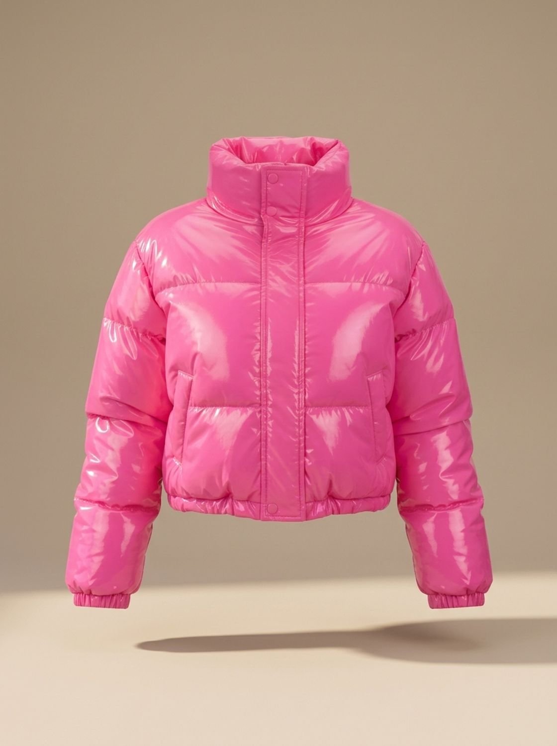 Women's Stylish Cropped Glossy Zip-Up Puffer Jacket - Pink