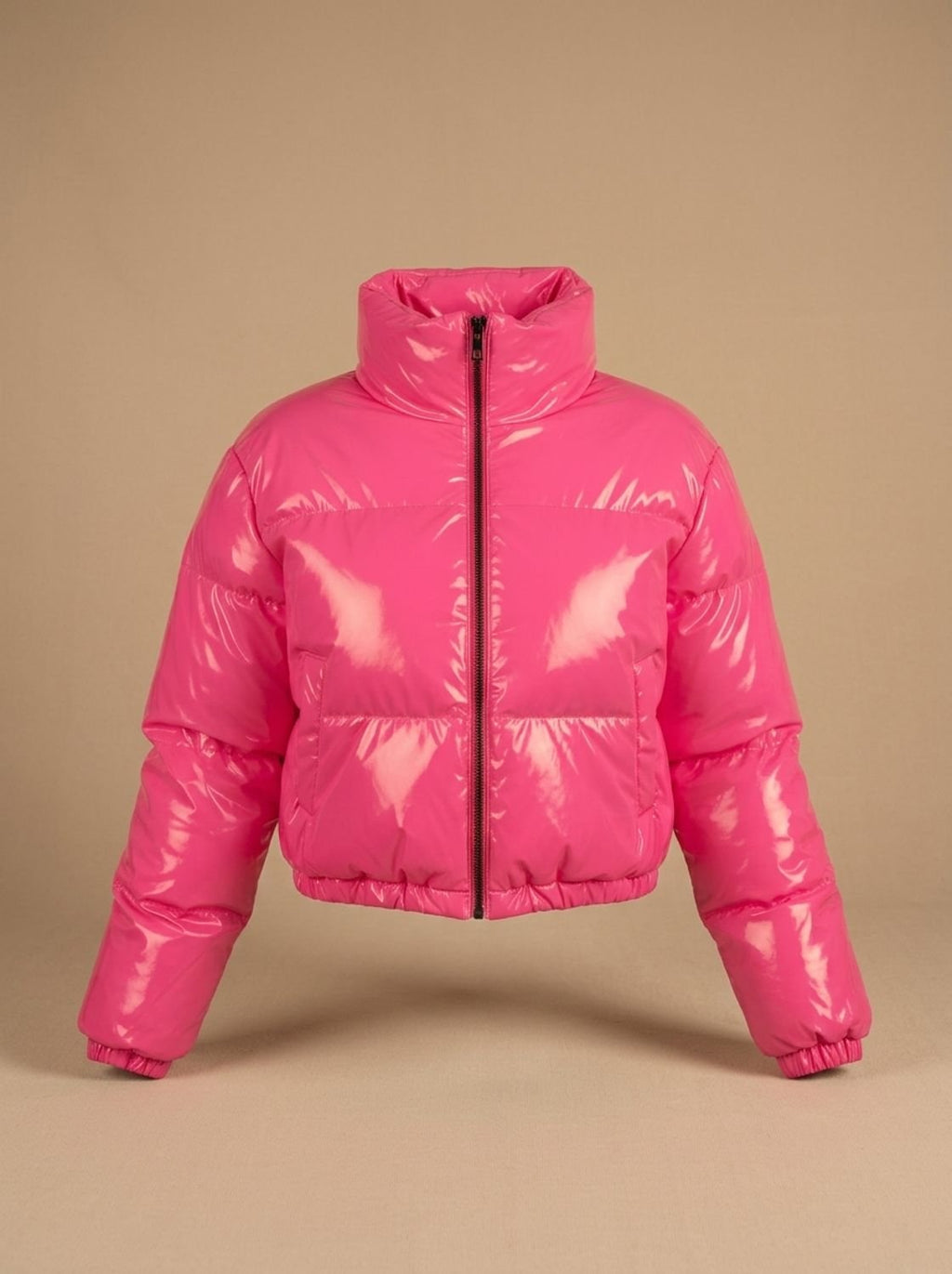 Women's Stylish Cropped Glossy Zip-Up Puffer Jacket - Pink
