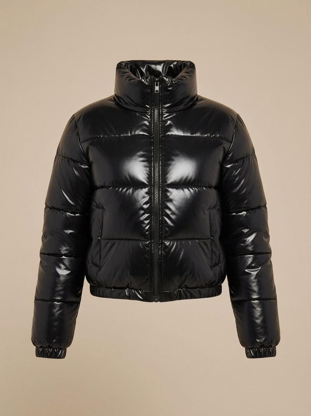 Women's Stylish Cropped Glossy Zip-Up Puffer Jacket - Black