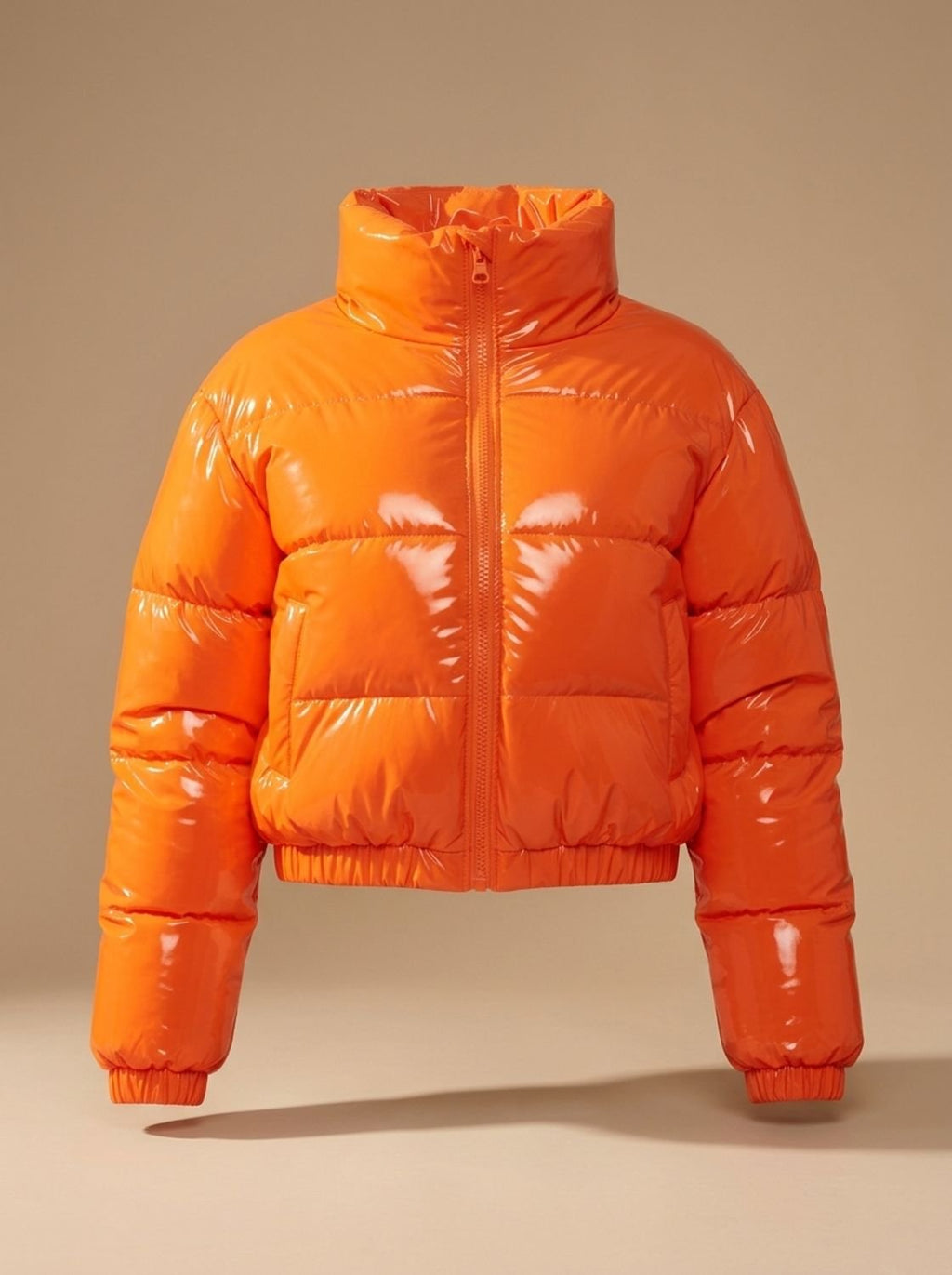 Women's Stylish Cropped Glossy Zip-Up Puffer Jacket - Orange
