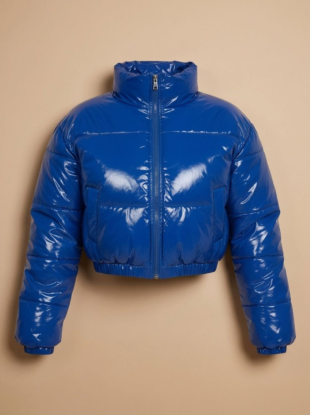 Women's Stylish Cropped Glossy Zip-Up Puffer Jacket - Blue