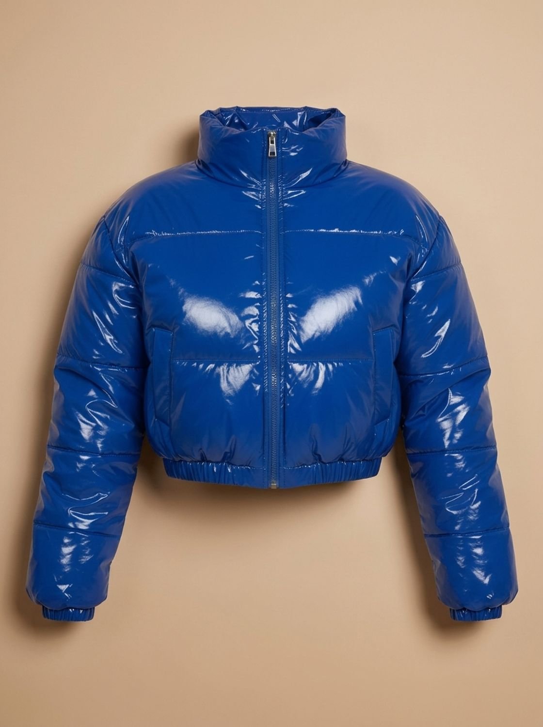 Women's Stylish Cropped Glossy Zip-Up Puffer Jacket - Blue