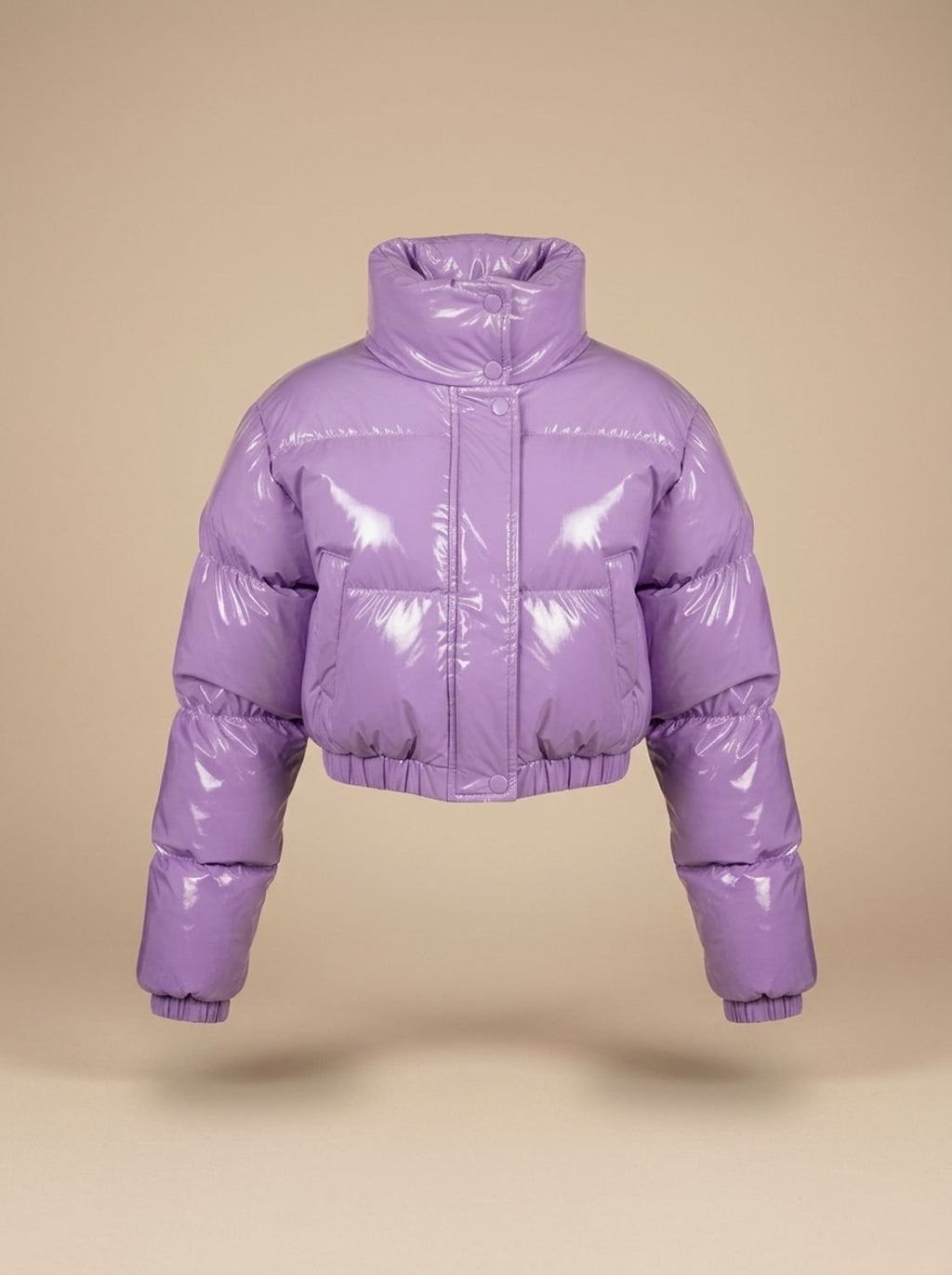 Women's Stylish Cropped Glossy Zip-Up Puffer Jacket - Lilac