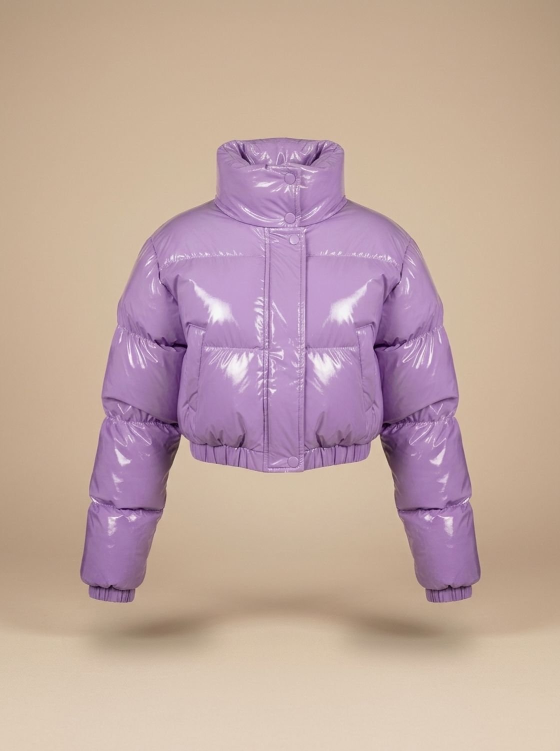 Women's Stylish Cropped Glossy Zip-Up Puffer Jacket - Lilac