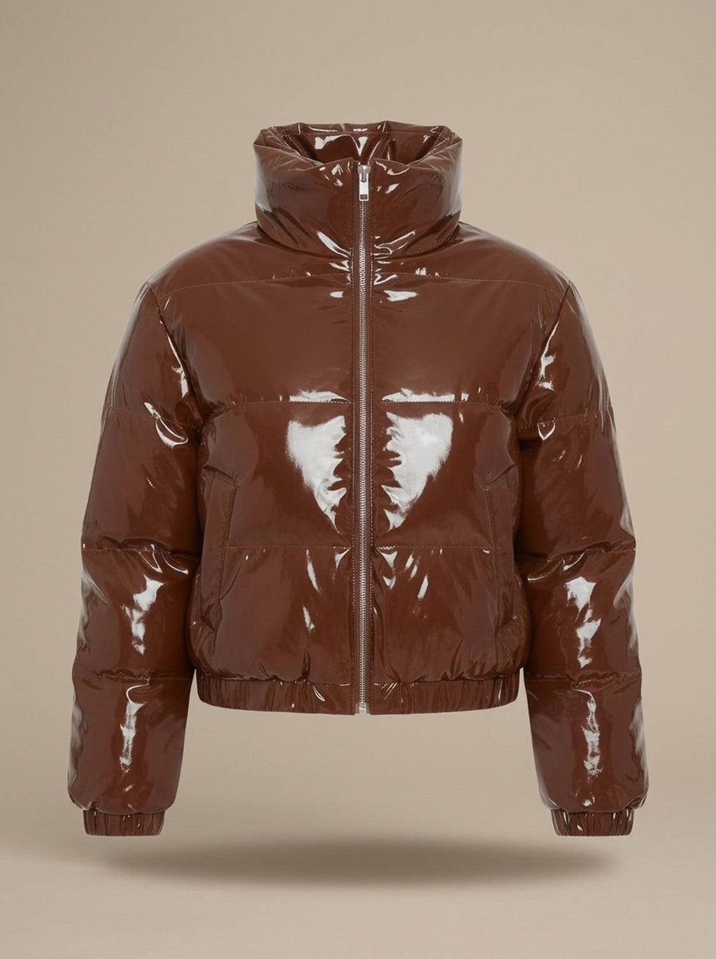 Women's Stylish Cropped Glossy Zip-Up Puffer Jacket - Brown