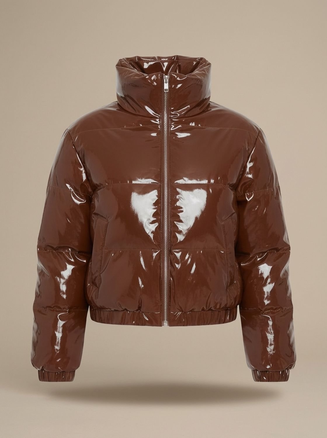 Women's Stylish Cropped Glossy Zip-Up Puffer Jacket - Brown