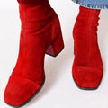 Women's Suede Block-Heel Leopard-Toe Ankle Boots - Red