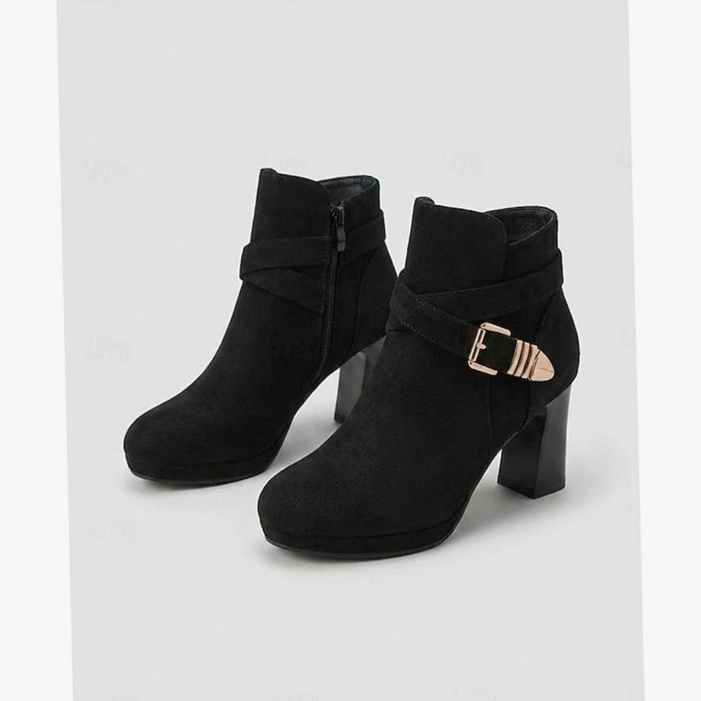 Women's Suede Buckle-Strap Block Heel Ankle Boots - Black