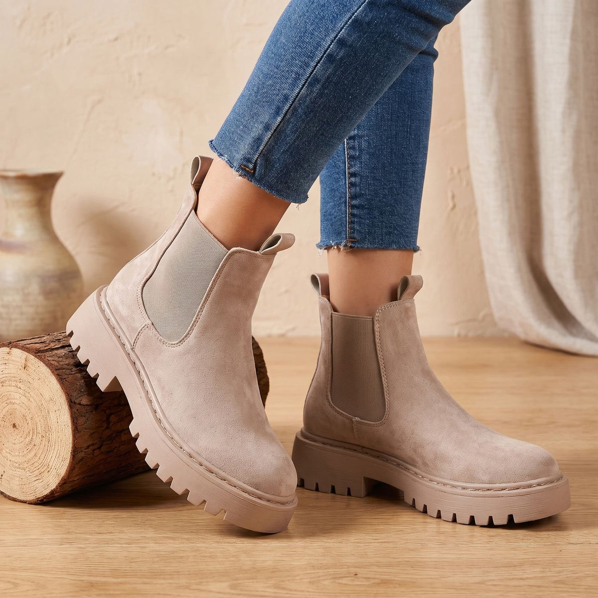 Women's Suede-Effect Platform Chelsea Slip-On Ankle Boots - Apricot