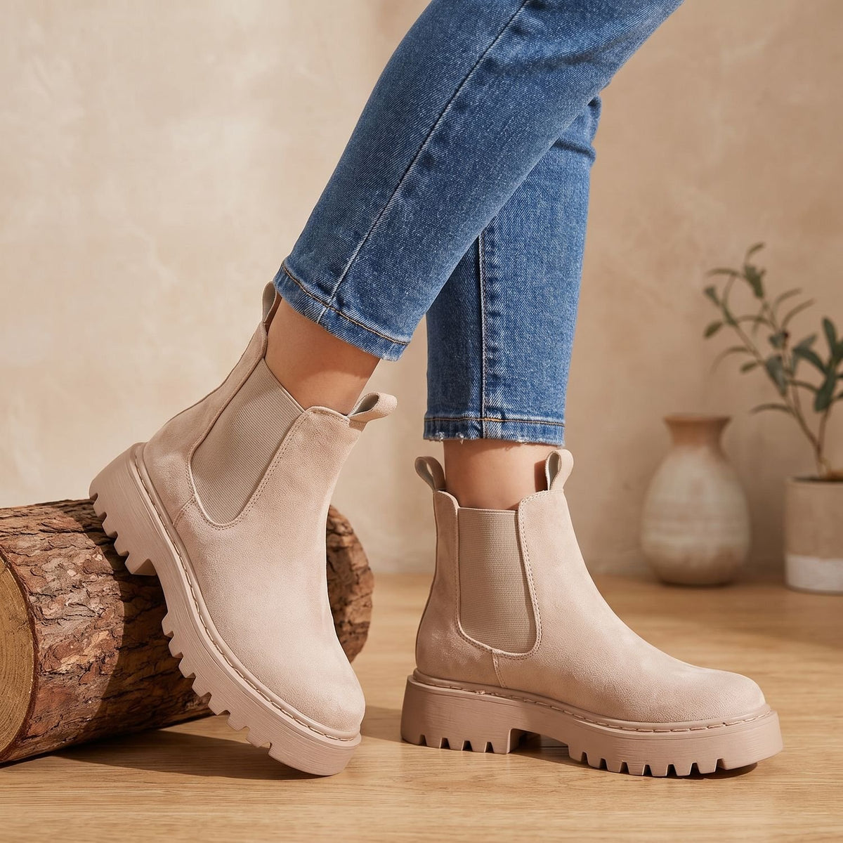Women's Suede-Effect Platform Chelsea Slip-On Ankle Boots