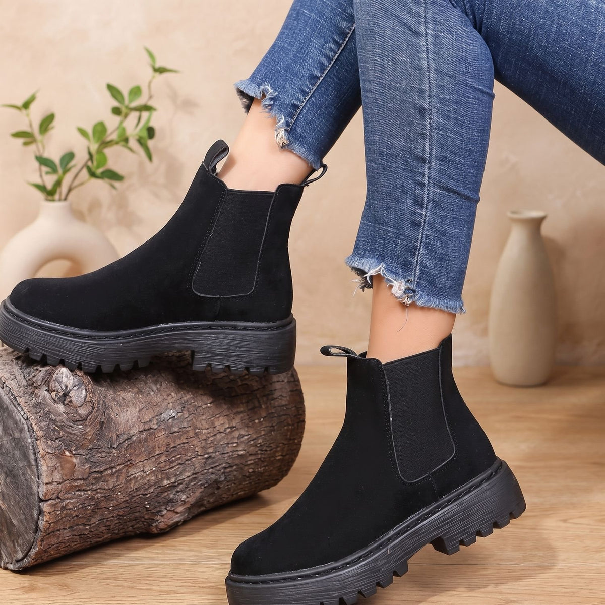 Women's Suede-Effect Platform Chelsea Slip-On Ankle Boots