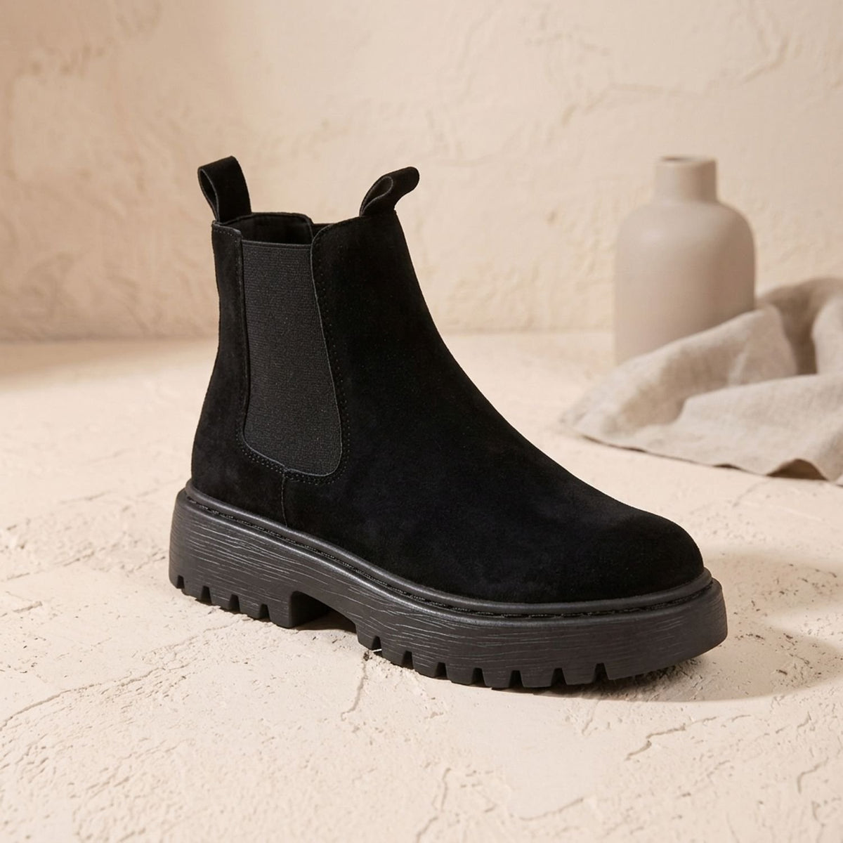 Women's Suede-Effect Platform Chelsea Slip-On Ankle Boots - Black