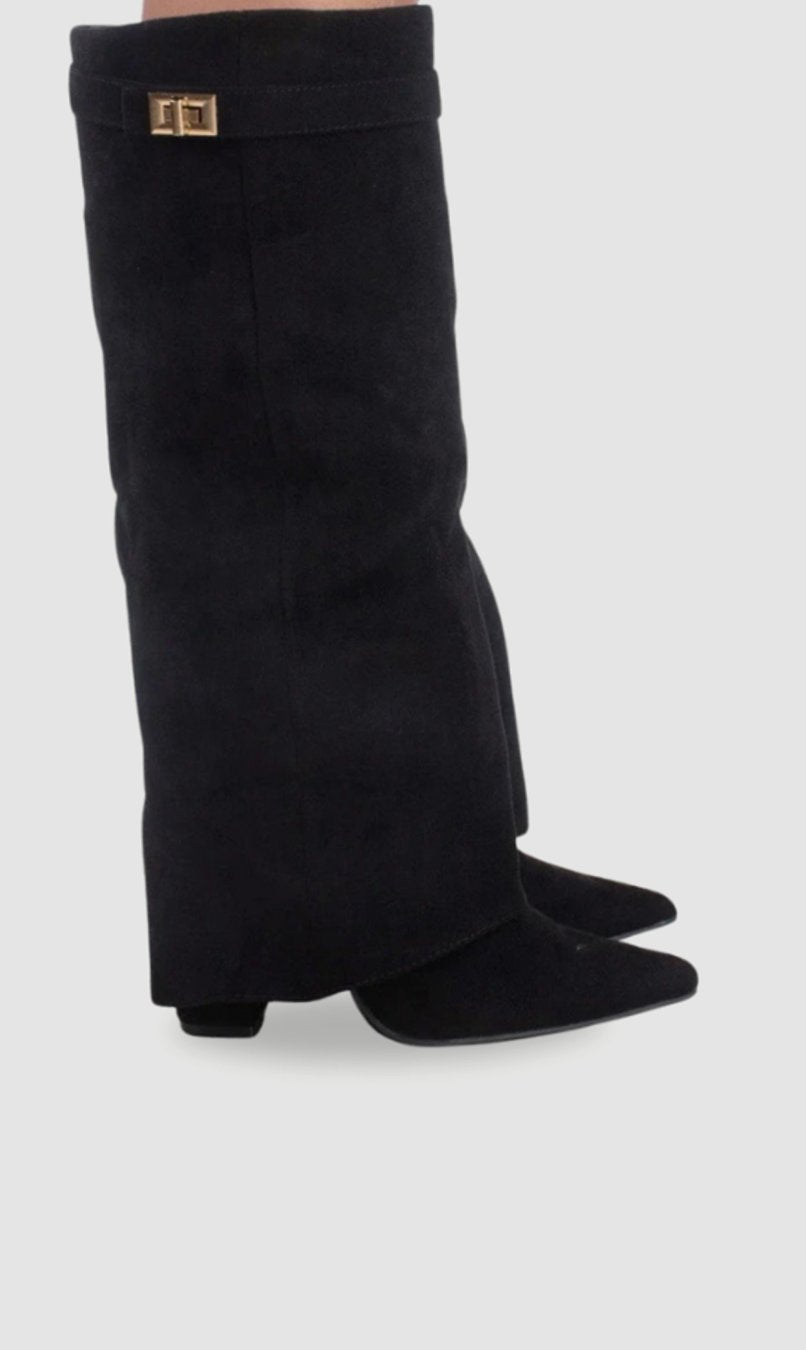 Women's Suede Fold-Over Knee-High Boots Gold Clasp