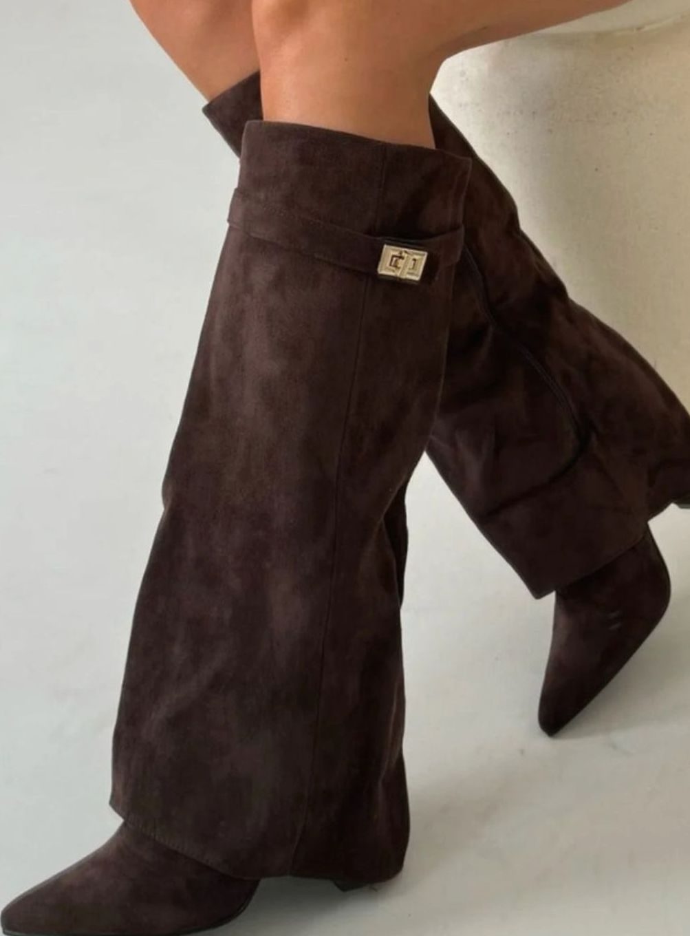 Women's Suede Fold-Over Knee-High Boots Gold Clasp